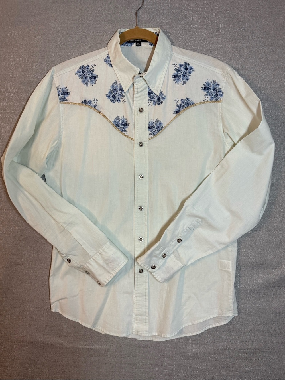 Tin Haul Cream Button-Down Western Shirt with Blue Floral Yoke